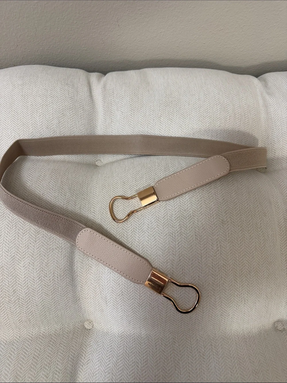 Womens Neutral Beige Elastic Belt with Gold Hardware